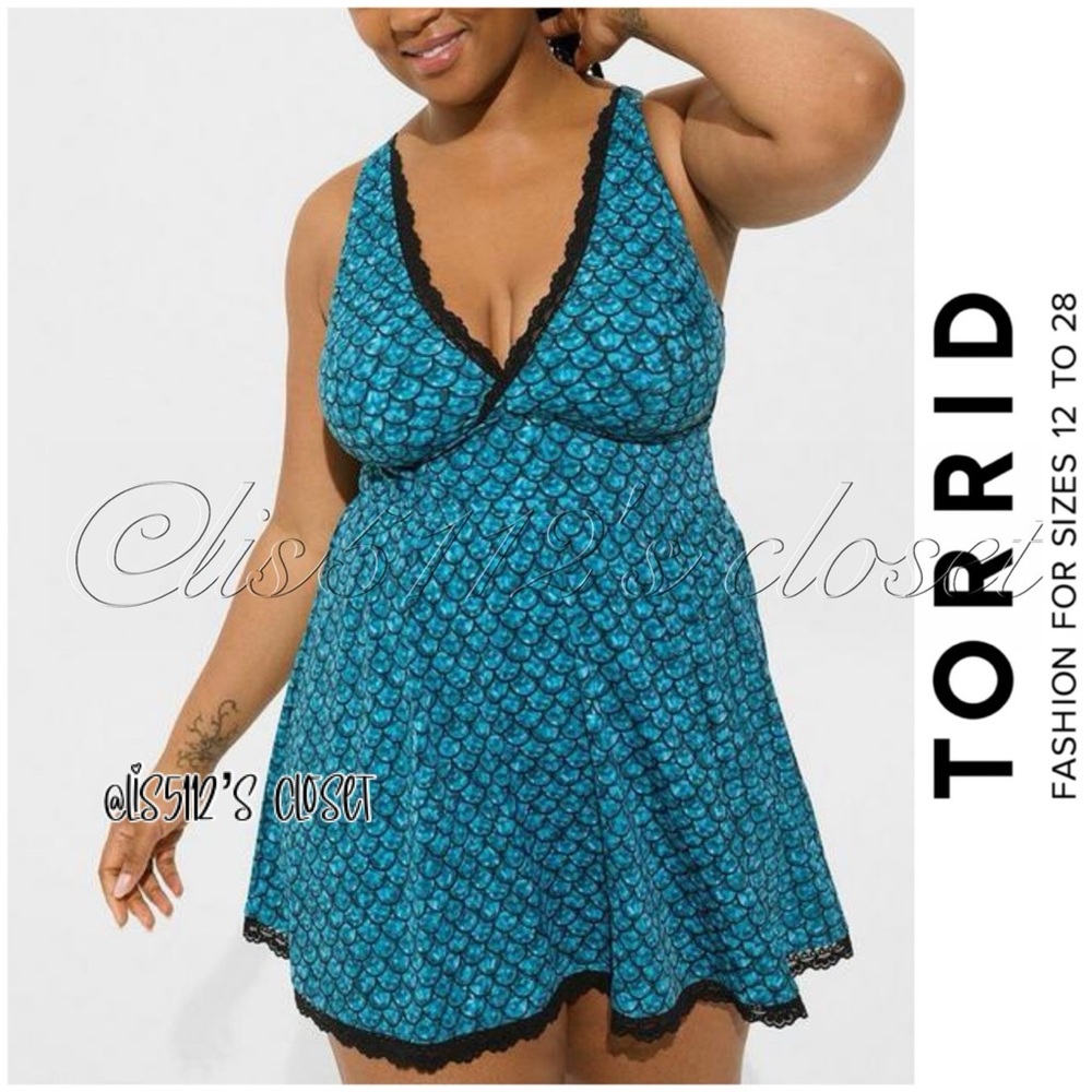 Torrid Blue Mermaid Scale Wireless Mid Lace Trimmed Swim Dress Swimsuit 1X 14 16